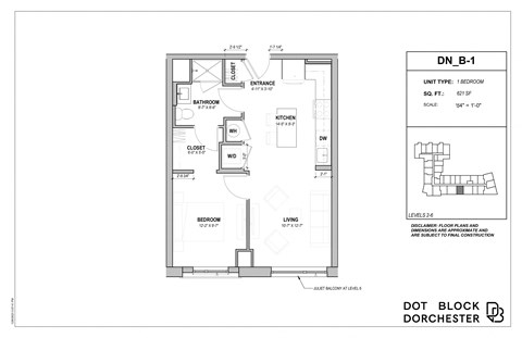Floor plan for 1 bed, 1 bath, 621 sqft